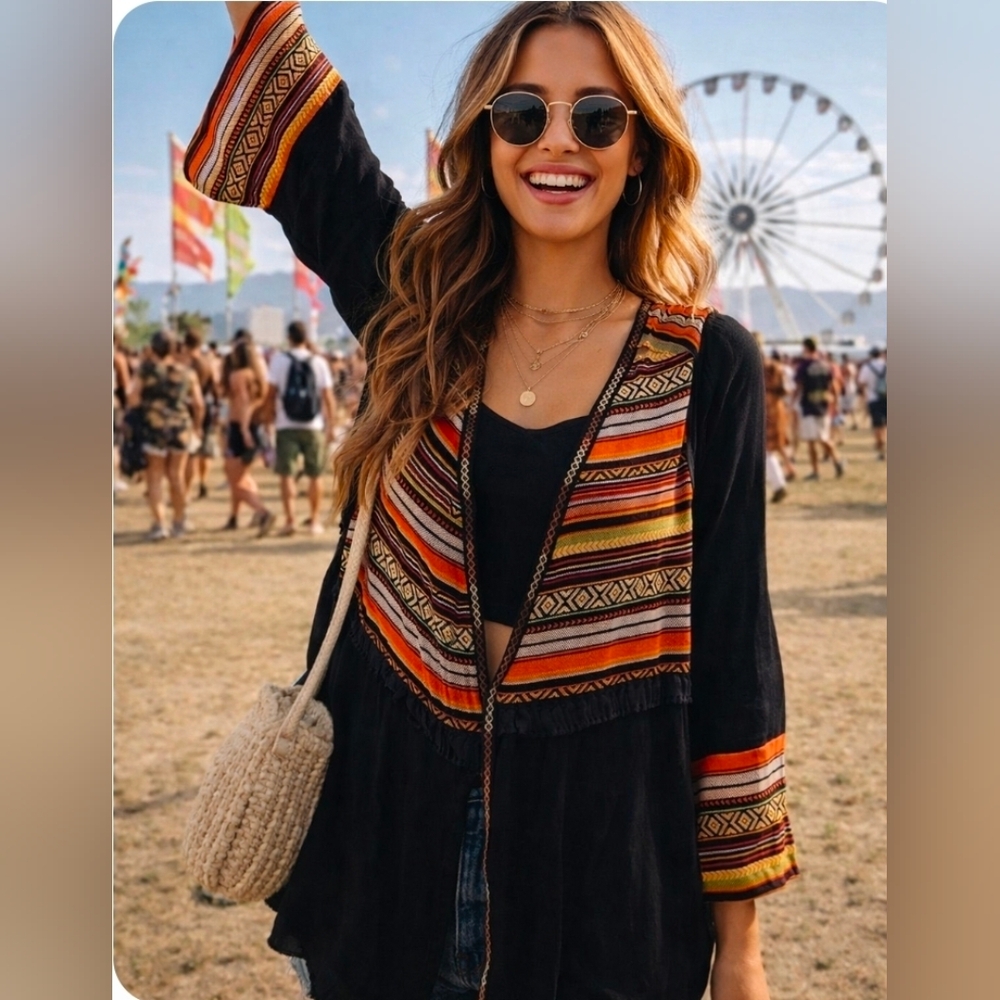 UMGEE Linen Bohemian Artsey Aztec Design Black Orange Kimono Size Medium